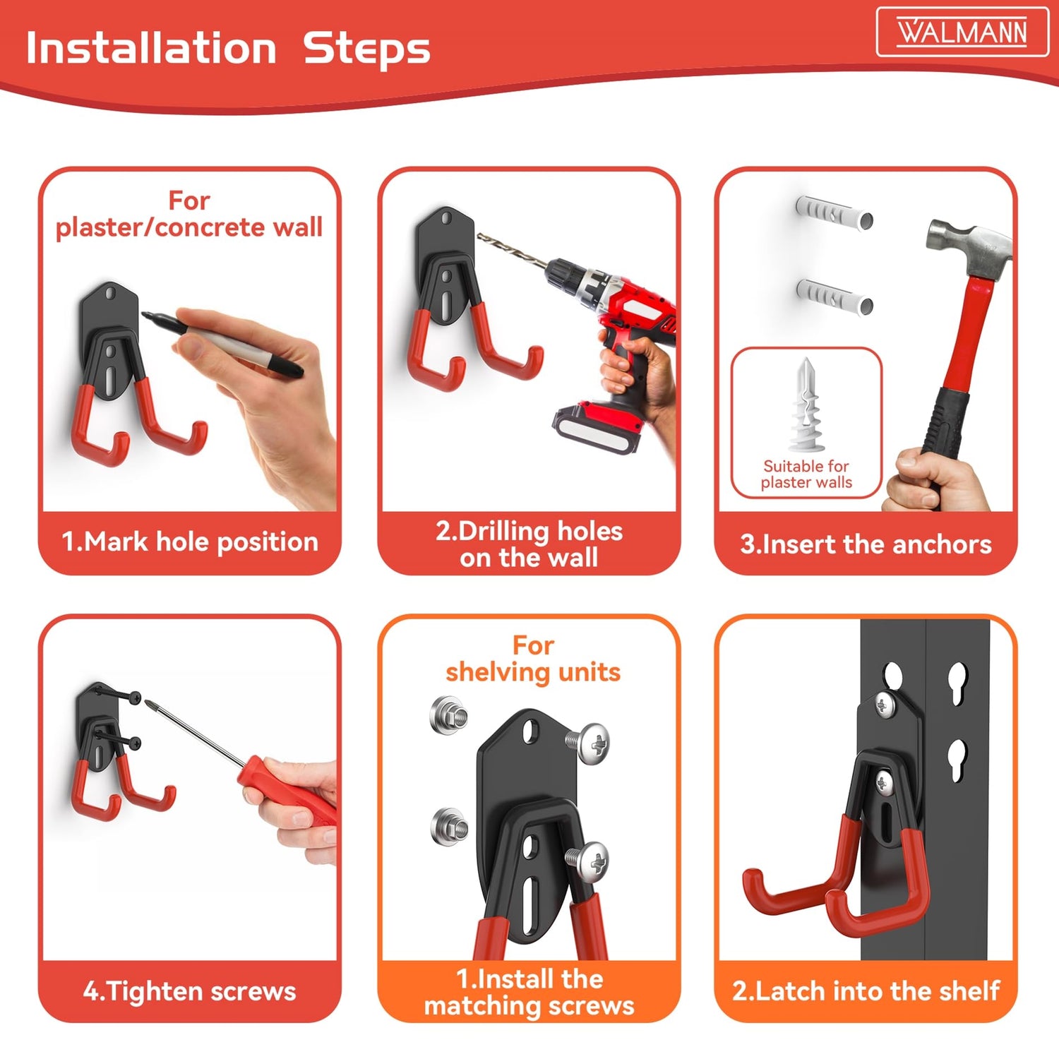 WALMANN 12PCS Garage Storage Hooks, Wall Mount Utility Hooks for Tools, Ladders, Cords, Folding Chairs, Shovels and Rakes, Shelving Hooks for Keyhole WALMANN