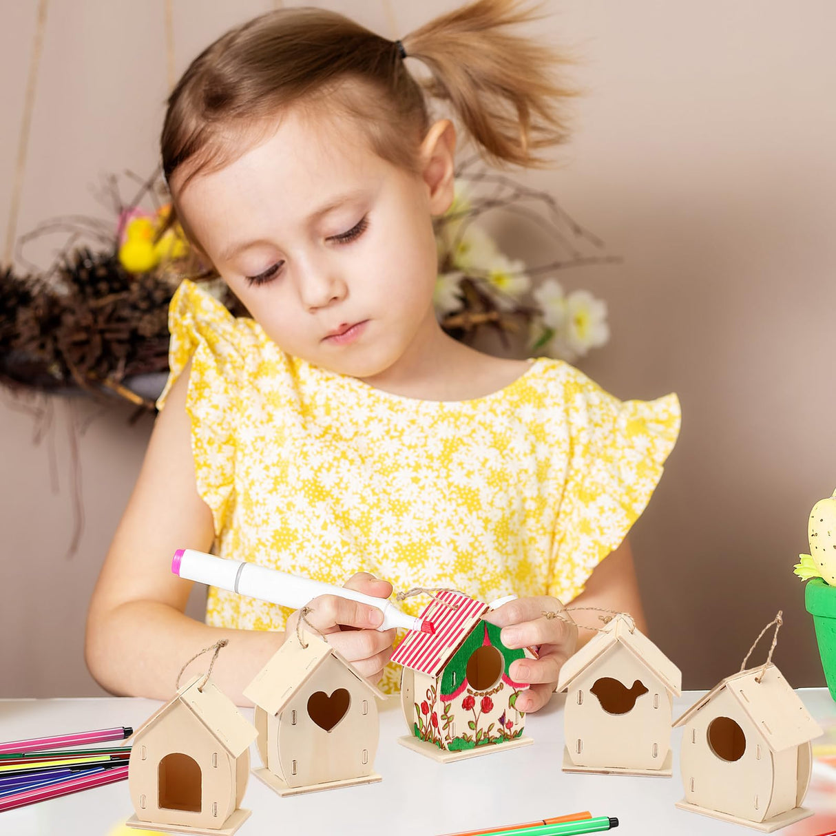 Outus 12 Pcs Wooden Birdhouse Craft Kits to Build, 4 Shapes Wooden Unfinished Bird House with Watercolor Pen and Butterfly Sticker for Boy and Girl Outus