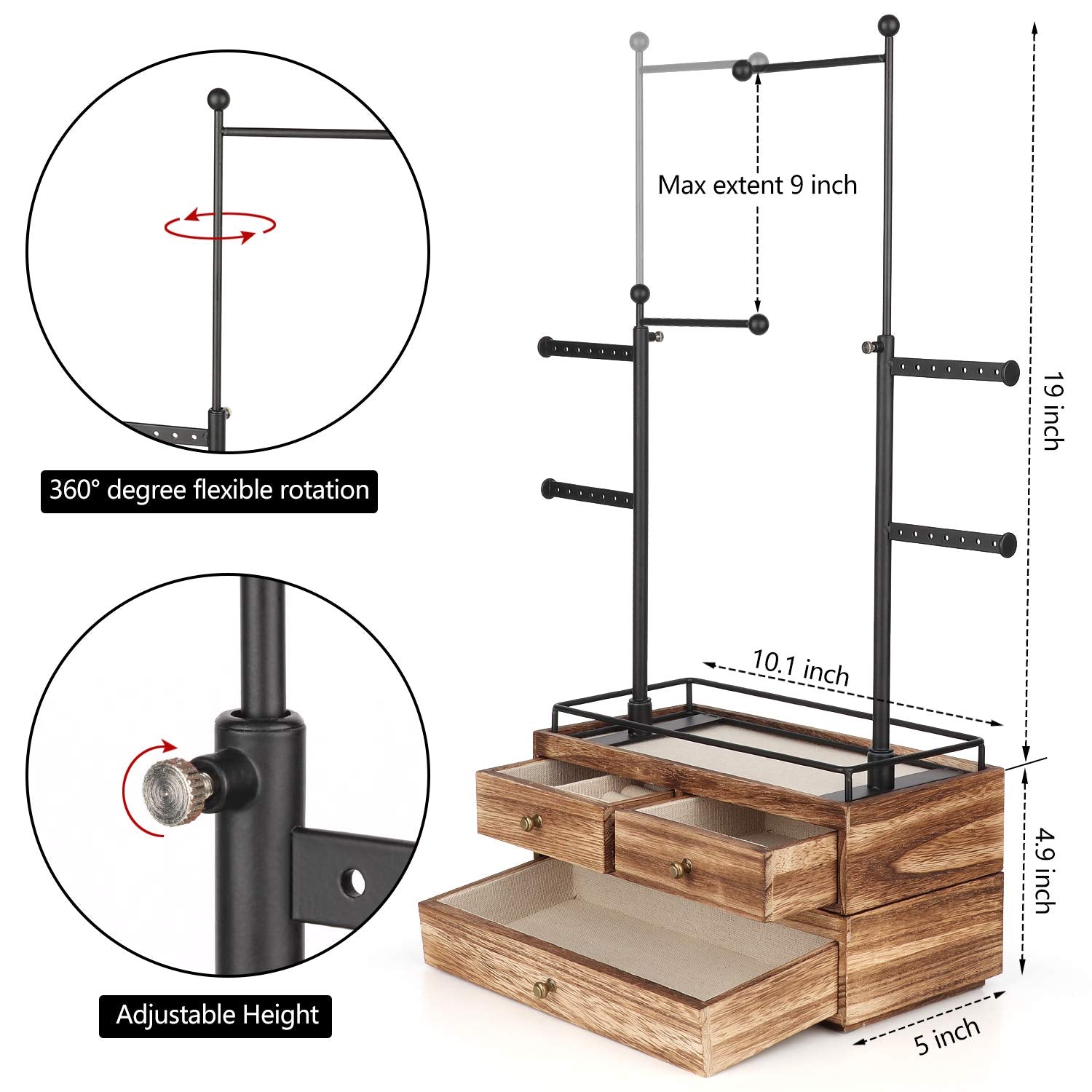 Jewelry Organizer - 2 Layer Wooden Jewelry Drawer Storage Box with 6 Tier Jewelry Tree Stand, Jewelry Display for Necklaces Bracelet Earring Ring - WoodArtSupply