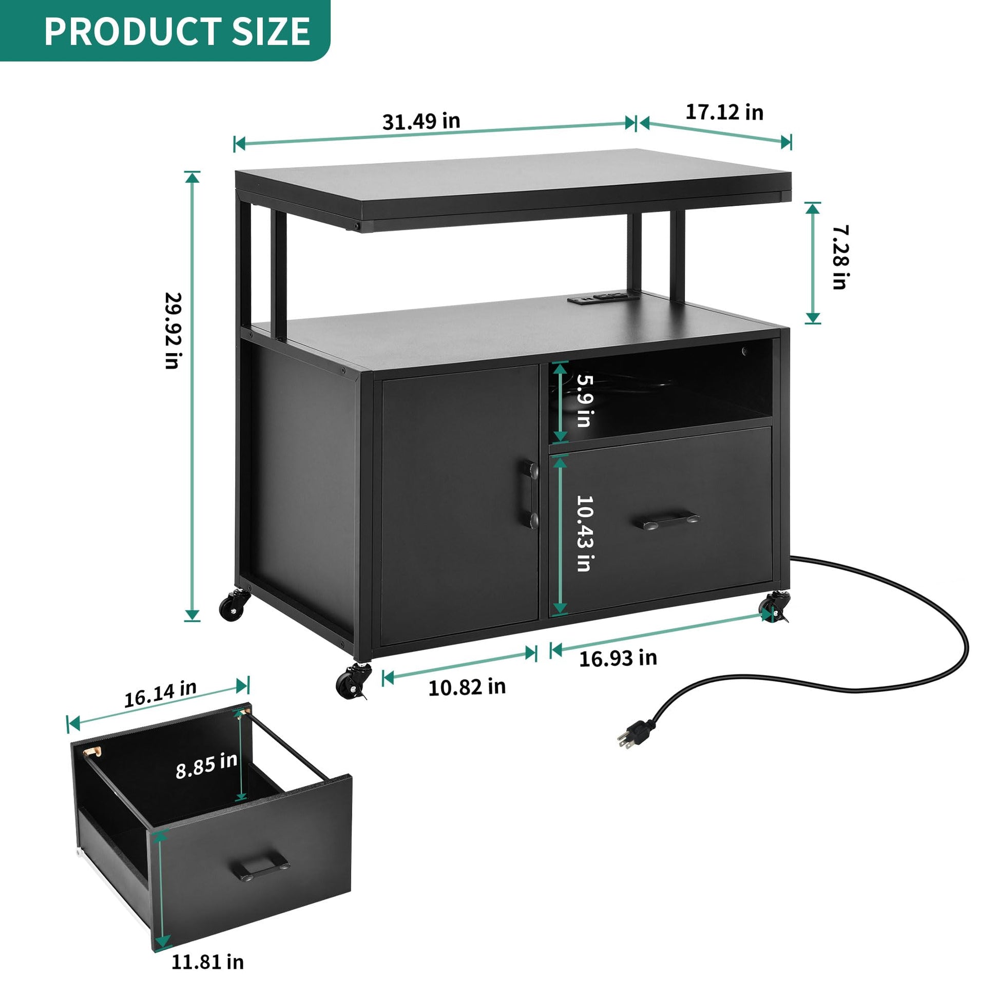 YITAHOME Wood File Cabinet with Charging Station, Rolling Filing Cabinet Cart with Door, Industrial Nightstand with Printer Shelf for Home Office, - WoodArtSupply