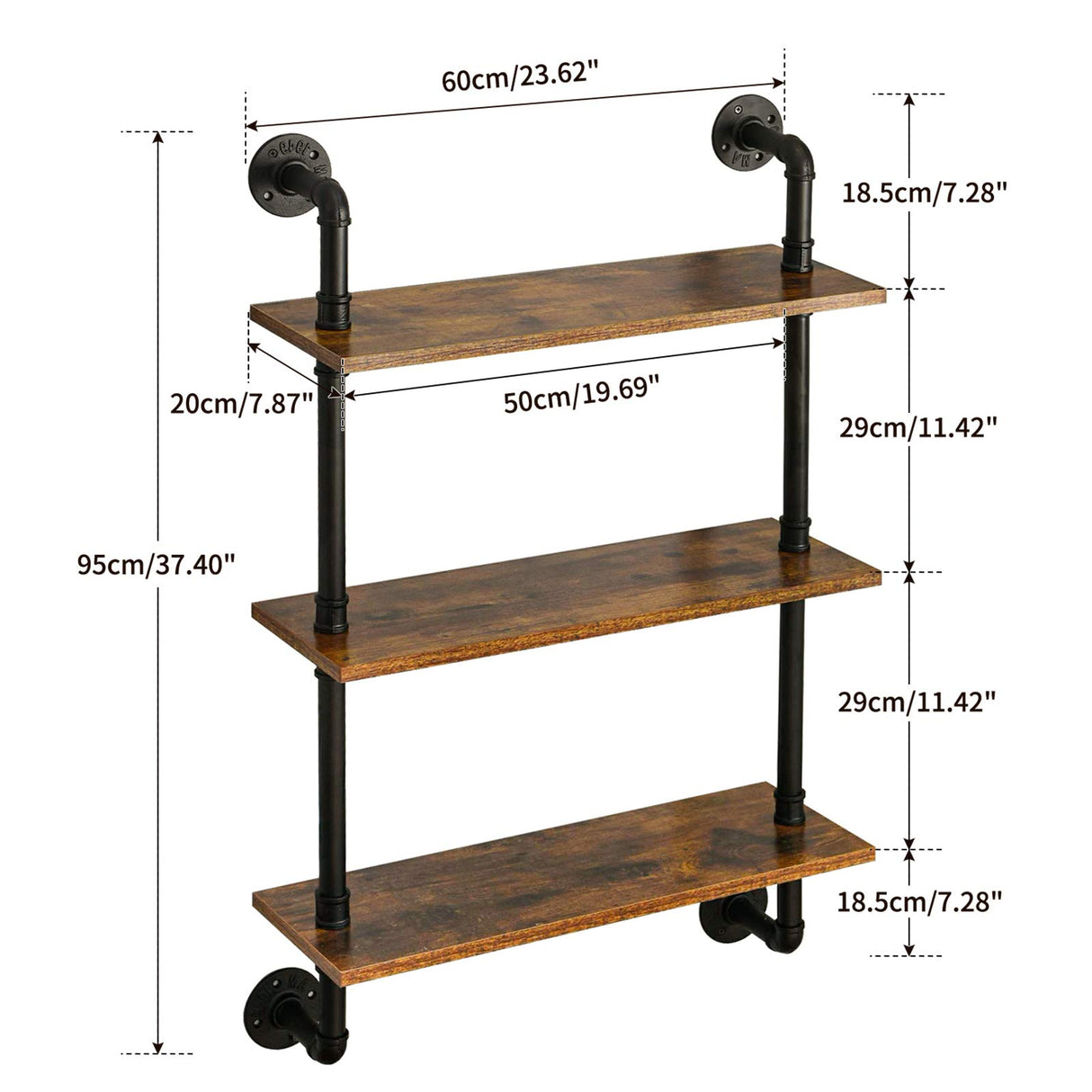 IBUYKE Pipe Floating Shelves,37.5" Industrial Pipe Shelves,3-Tier Rustic Wall Mount Bookcase,Metal Bracket Storage Wall Shelf for Bedroom, Kitchen, IBUYKE