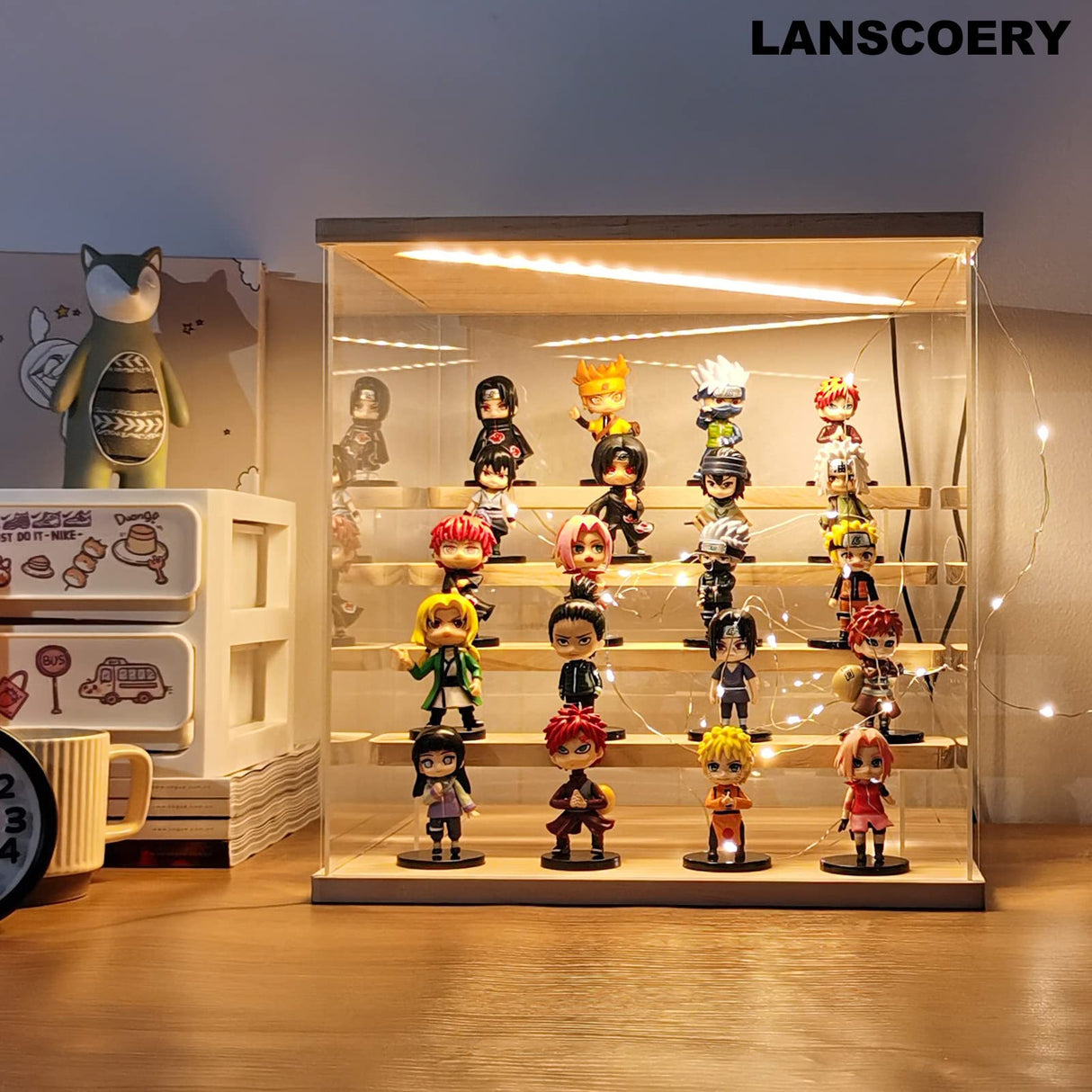 LANSCOERY Clear Acrylic Display Case with Light, Assemble 5 Tier Display Box Stand with Wooden Base, Dustproof Protection Showcase for Collectibles LANSCOERY