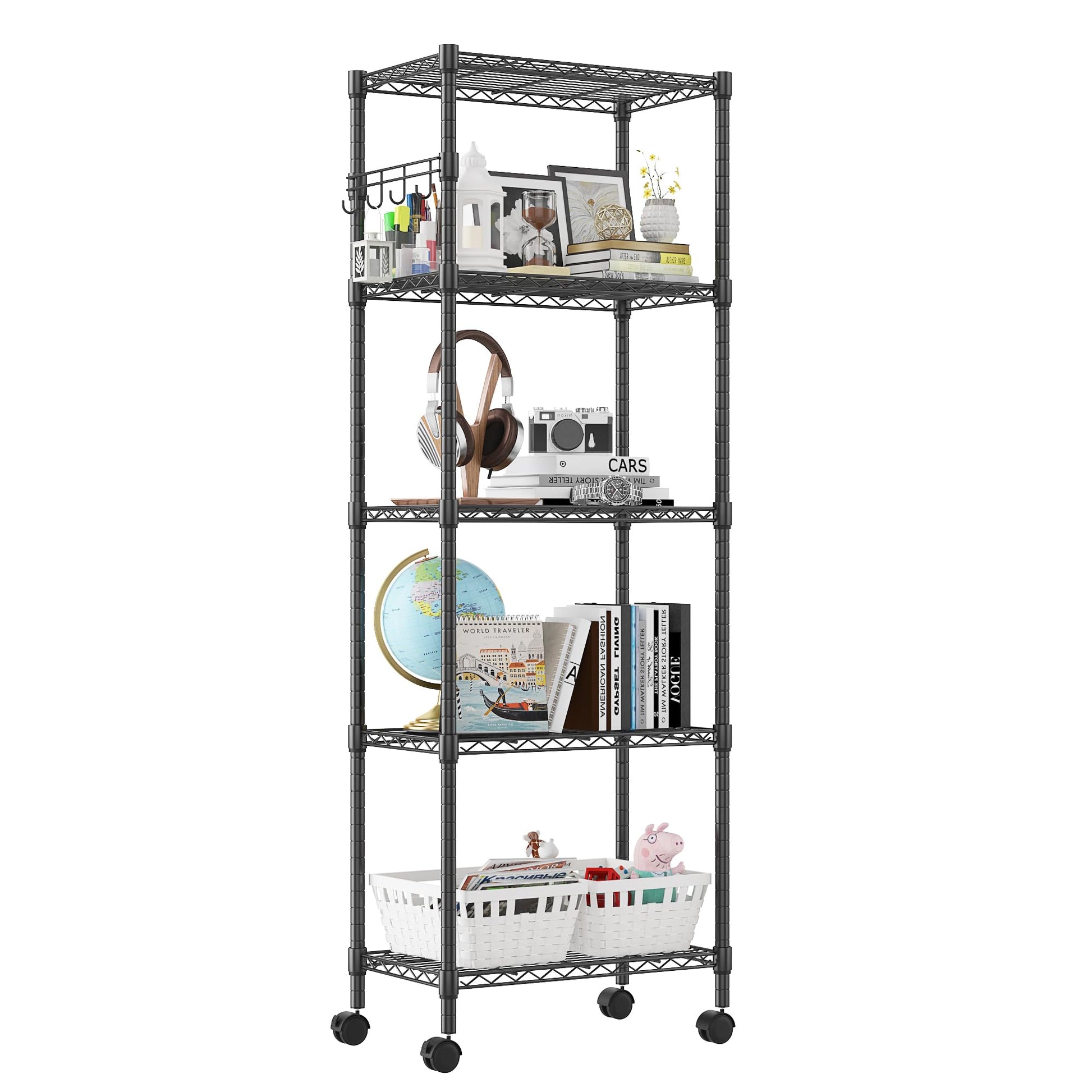 Homdox 5 Tier Wire Shelving Unit on Wheels, Adjustable Storage Racks and Shelving, Heavy Duty Rolling Metal Shelves with Side Hooks for Laundry - WoodArtSupply