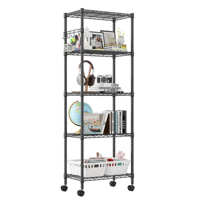Homdox 5 Tier Wire Shelving Unit on Wheels, Adjustable Storage Racks and Shelving, Heavy Duty Rolling Metal Shelves with Side Hooks for Laundry