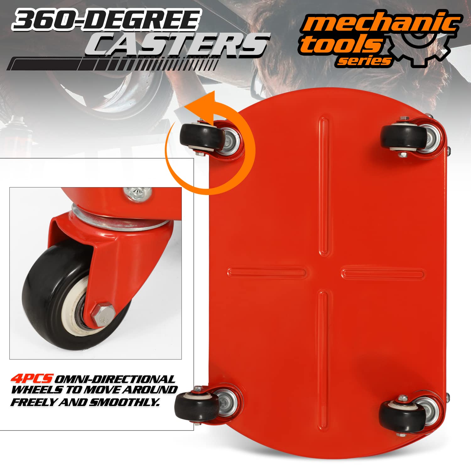 M-AUTO Heavy Duty Garage Rolling Work Seat 300LBS Capacity Mechanics Stool with Wheels, Rolling Work Seat with Equipment Tray and Tool Rack, M-AUTO