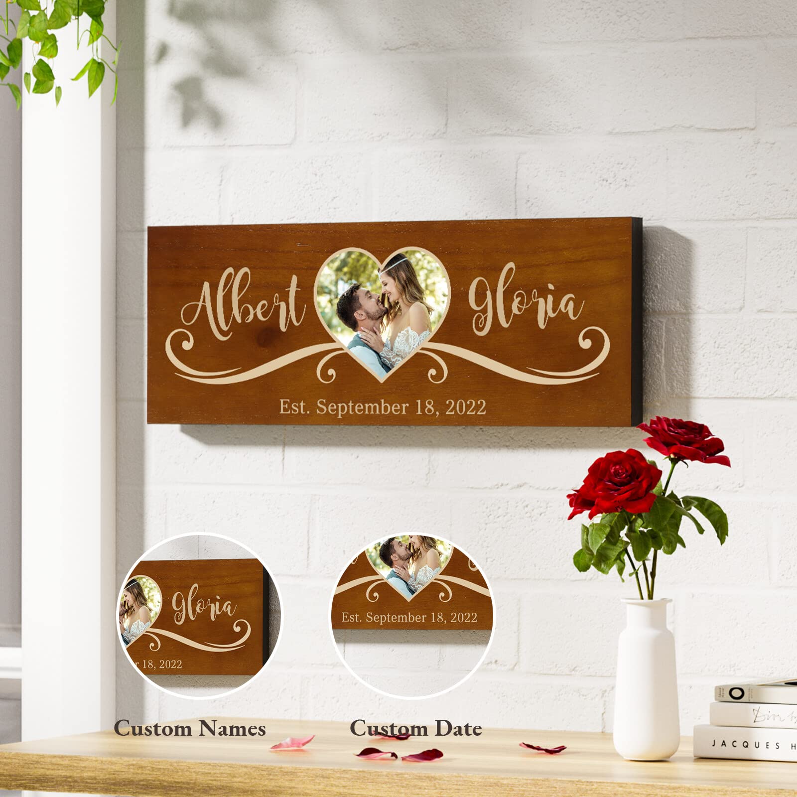 Bemaystar Personalized Custom Wedding Gifts, Custom Name/Photo/Date Wooden Signs, For Unique Anniversary Keepsakes, Gift Ideas, Bridal Shower Gifts, - WoodArtSupply