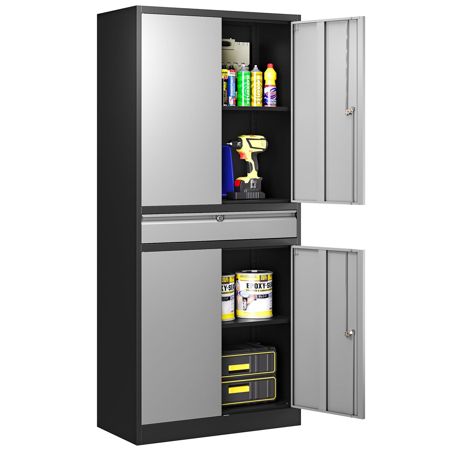 LISSIMO Metal Garage Storage Cabinet with Drawer, 71" Garage Storage Cabinet with Adjustable Shelves and 4 Doors, Lockable Lateral File Cabinet for LISSIMO