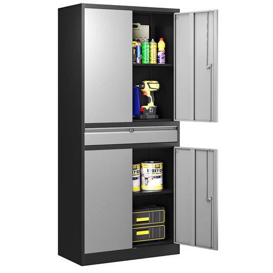 LISSIMO Metal Garage Storage Cabinet with Drawer, 71" Garage Storage Cabinet with Adjustable Shelves and 4 Doors, Lockable Lateral File Cabinet for - WoodArtSupply