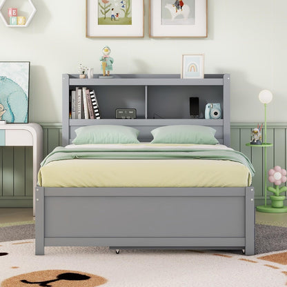 Harper & Bright Designs Full Size Bed with Bookcase Headboard, Wooden Full Size Platform Bed with Trundle and Storage Drawers,Full Storage Bed with