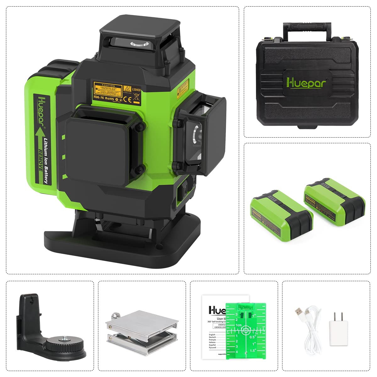 Huepar 4x360 Laser Level Self-leveling 16 Lines Green Beam 4D Cross Line Tiling Floor Tool-2 x 360 Horizontal & 2 x 360 Vertical Laser Lines with Two - WoodArtSupply