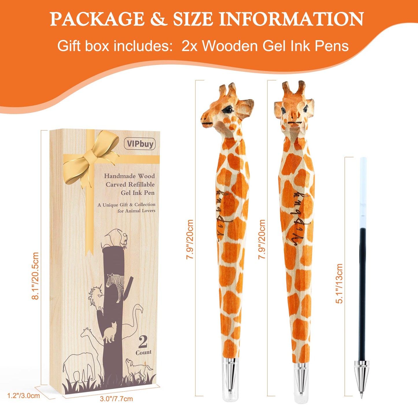 VIPbuy 2 Count 100% Handmade Wood Carved Gel Ink Pens -Novelty Refillable Writing Pens Office School Supplies Birthday Christmas Gift, Giraffe - WoodArtSupply