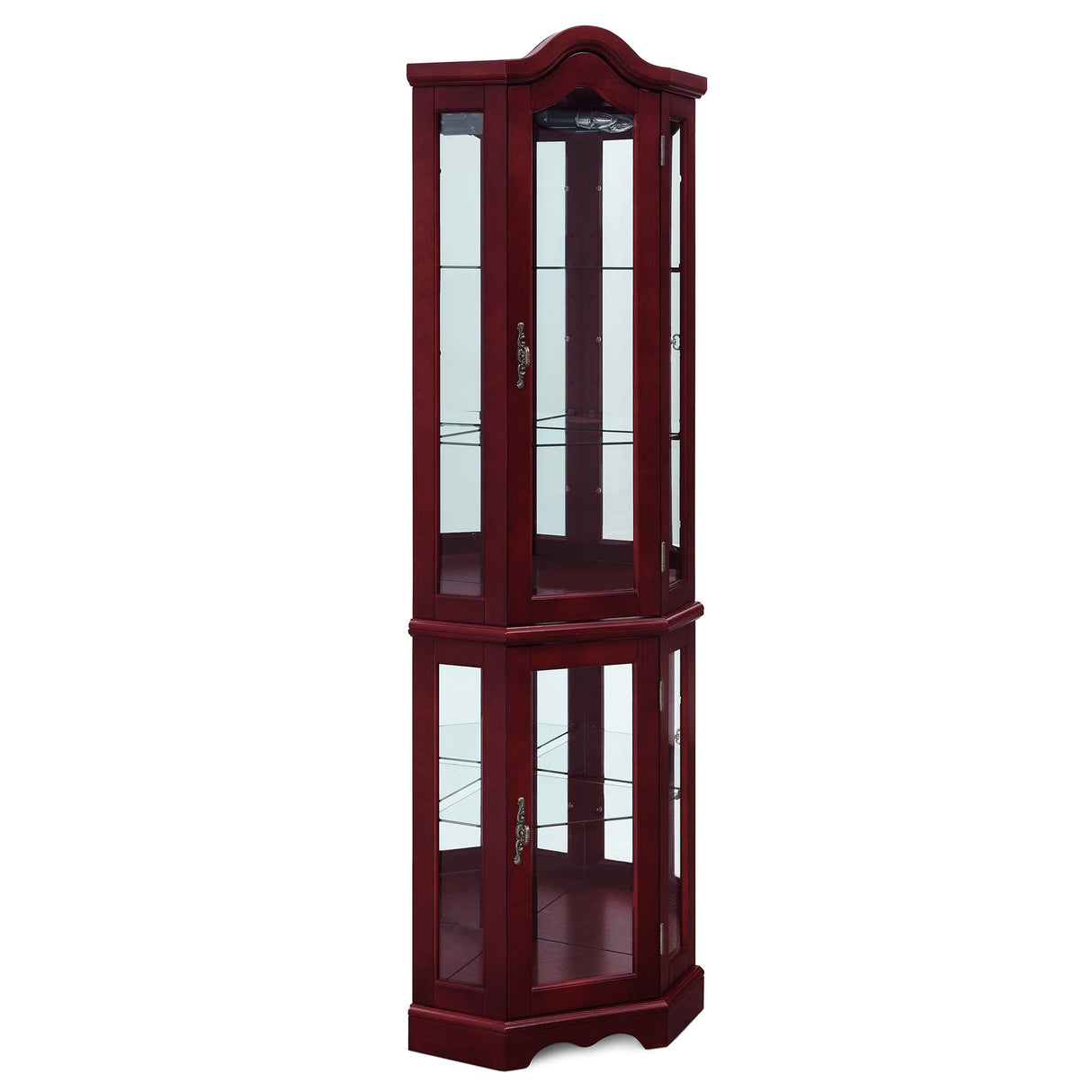 BELLEZE Lighted Corner Display Curved Top Curio Cabinet Wooden Shelving Unit with Tempered Glass Door, Bar and Liquor Storage Area with 5 Shelves - BELLEZE