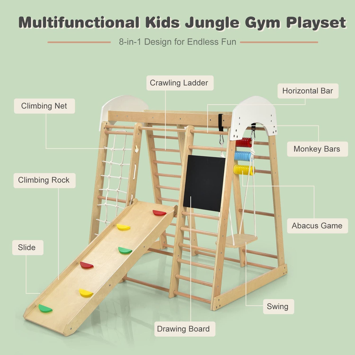 Costzon Indoor Jungle Gym, 8-in-1 Climbing Toys for Toddlers with Slide, Climbing Rock/Net, Monkey Bars, Drawing Board, Abacus Game and Swing, Wooden Costzon