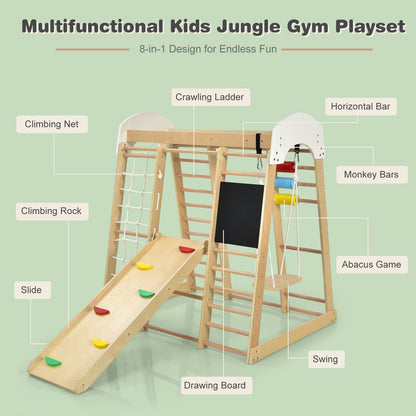 Costzon Indoor Jungle Gym, 8-in-1 Climbing Toys for Toddlers with Slide, Climbing Rock/Net, Monkey Bars, Drawing Board, Abacus Game and Swing, Wooden