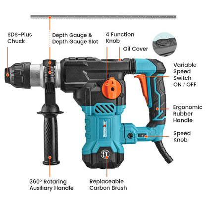 Berserker 1-1/4" SDS-Plus Rotary Hammer Drill with Vibration Control,Safety Clutch,12.5 Amp 4 Functions Corded Rotomartillo for Concrete-Including 3