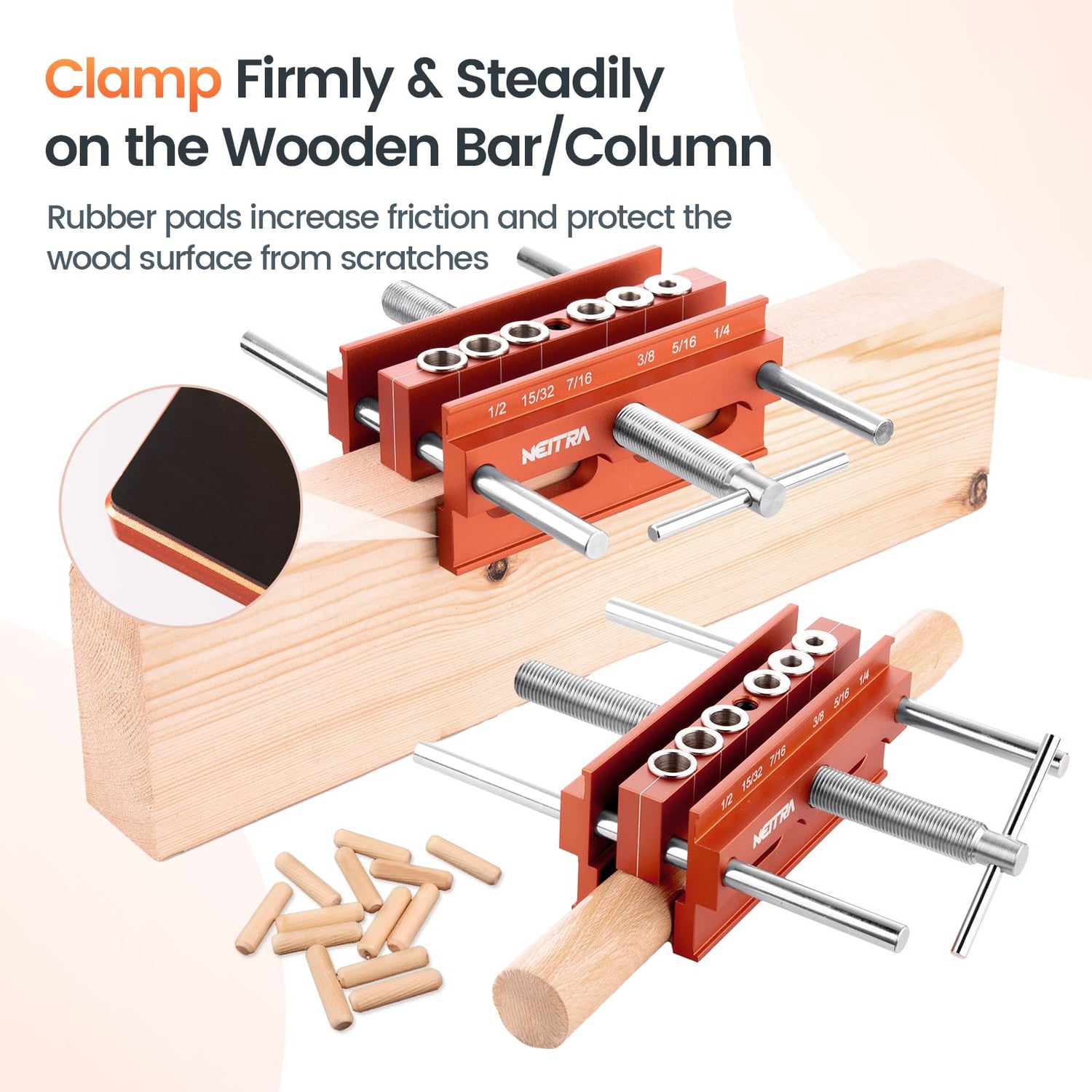 Neitra Self Centering Doweling Jig - 6 Drill Guides for Straight Holes, Adjustable Width Up to 6.75", All Metal Drilling Hole Kit for Wood Dowel Jig, Neitra