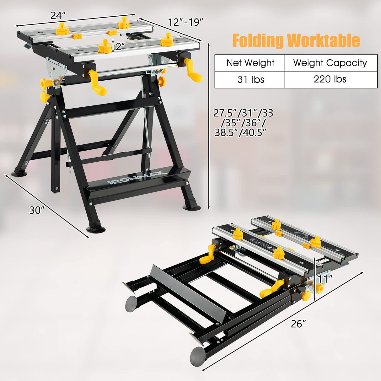 IRONMAX Portable Work Bench, 7-Level Height Adjustable & Reclining Work Table w/ 8 Sliding Clamps, Folding Workbench and Vise for Cutting, Saw, Paint IRONMAX