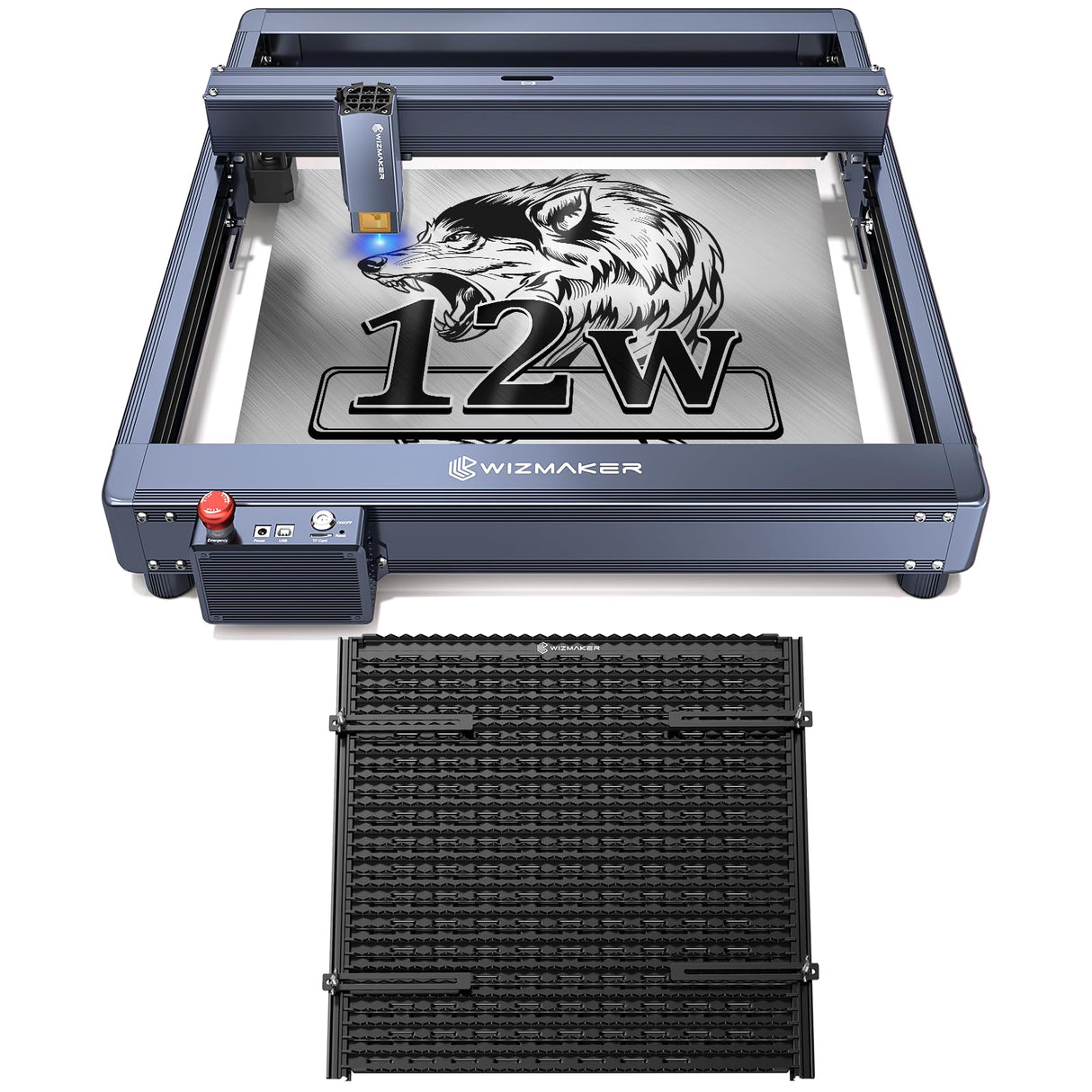 WIZMAKER Laser Engraver, 12W Output Powerful Laser Cutter DIY Laser Engraving Machine + WIZMAKER Upgraded Honeycomb Laser Bed, Spliceable Laser WIZMAKER