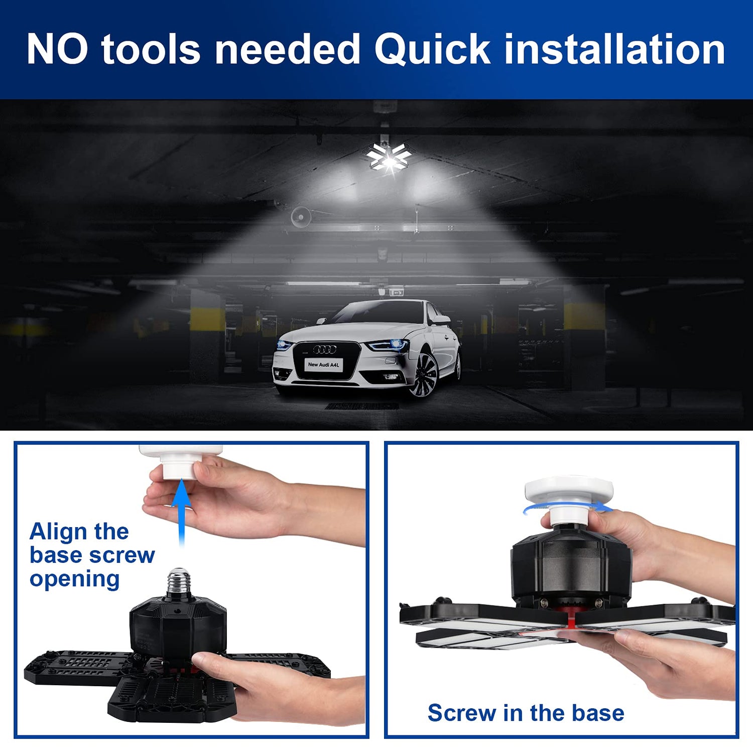 REHAVE Garage Lights Ceiling Led, 12 Panel Plug in Shop Lights with 180W 18000 LM 6500K, 12 Leaf Deformable Multi-Position , E26 E27 Base Ideal for REHAVE