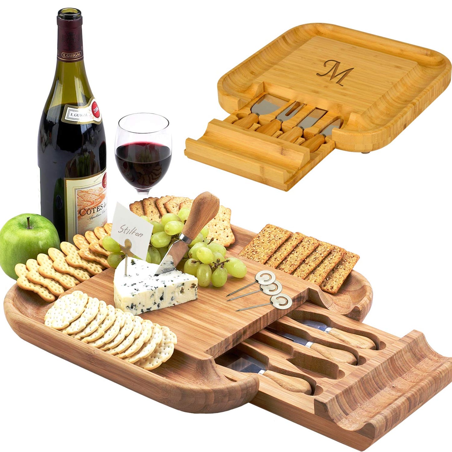 Picnic at Ascot Personalized Monogrammed Engraved Bamboo Cutting Board for Cheese & Charcuterie with Knife Set & Cheese Markers- Designed & Quality - WoodArtSupply