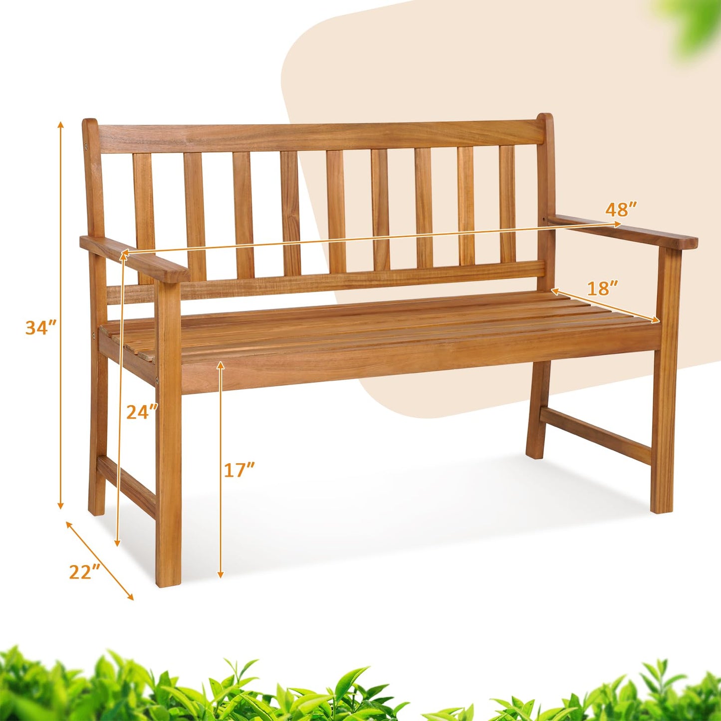 Tangkula Outdoor Acacia Wood Bench, 2-Person Garden Bench with Backrest and Armrests, Garden Bench with Slatted Seat for Porch, Park, Backyard, 800