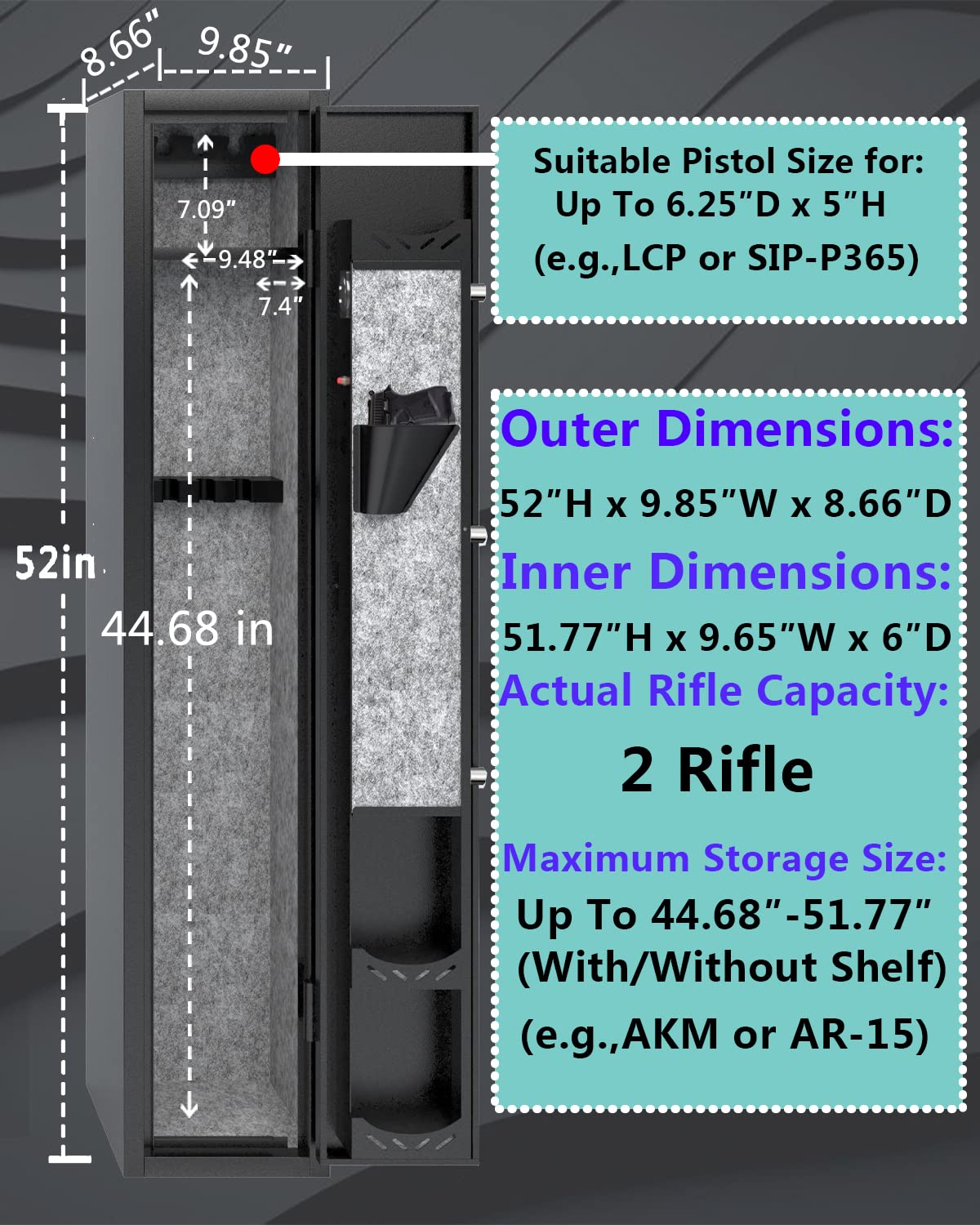 KAER Gun Safes Rifle Digital Quick Access Firearm Safe with 180-Degree Full Access Door and Removable Shelf for 2 Home Rifles with Pistols Rack KAER