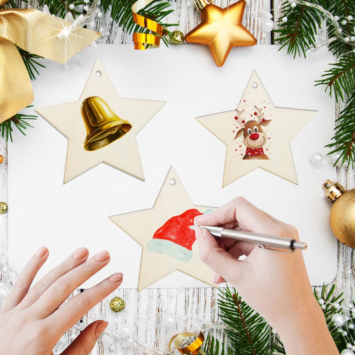40 Pieces Wooden Stars Cutouts Christmas Wood Christmas Stars Decorations with 40 Pieces Twine Ropes for Kids Crafts Christmas Ornaments Nyicey