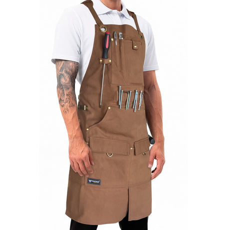 FIGHTECH® Waxed Canvas Apron with Tool Pockets | Work Apron w Kevlar Stitching | Woodworking Shop Apron | Adjustable M-XXL (Brown, Canvas) FIGHTECH