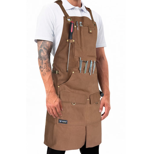 FIGHTECH® Waxed Canvas Apron with Tool Pockets | Work Apron w Kevlar Stitching | Woodworking Shop Apron | Adjustable M-XXL (Brown, Canvas) - WoodArtSupply