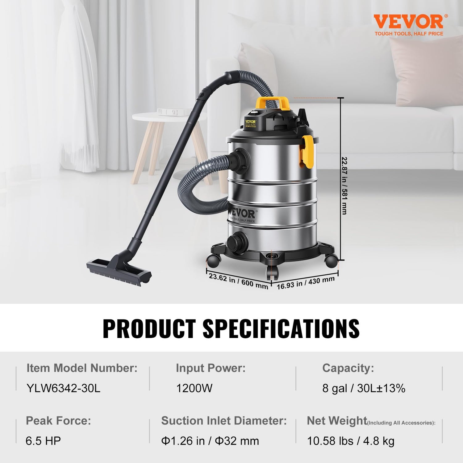 VEVOR Stainless Steel Wet Dry Shop Vacuum, 8 Gallon 6 Peak HP Wet/Dry Vac, Powerful Suction with Blower Function with Attachments 2-in-1 Crevice VEVOR