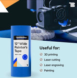 Wide Blue Painters Tape, 12 inch x 60 yds, Made in America, Great Masking Tape for 3D Printing and Laser Cutting, Removes Cleanly for 21 Days TapeManBlue