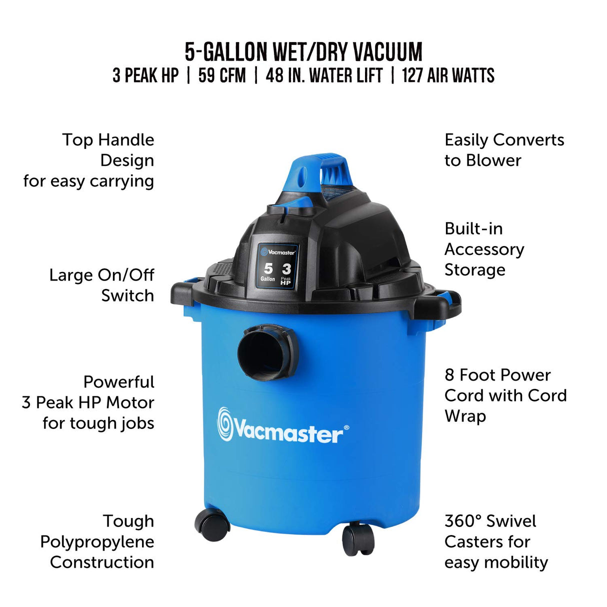 Vacmaster VJC507P 5-Gallon* 3 Peak HP** Wet/Dry Shop Vacuum, Blue, 5 gal Vacmaster