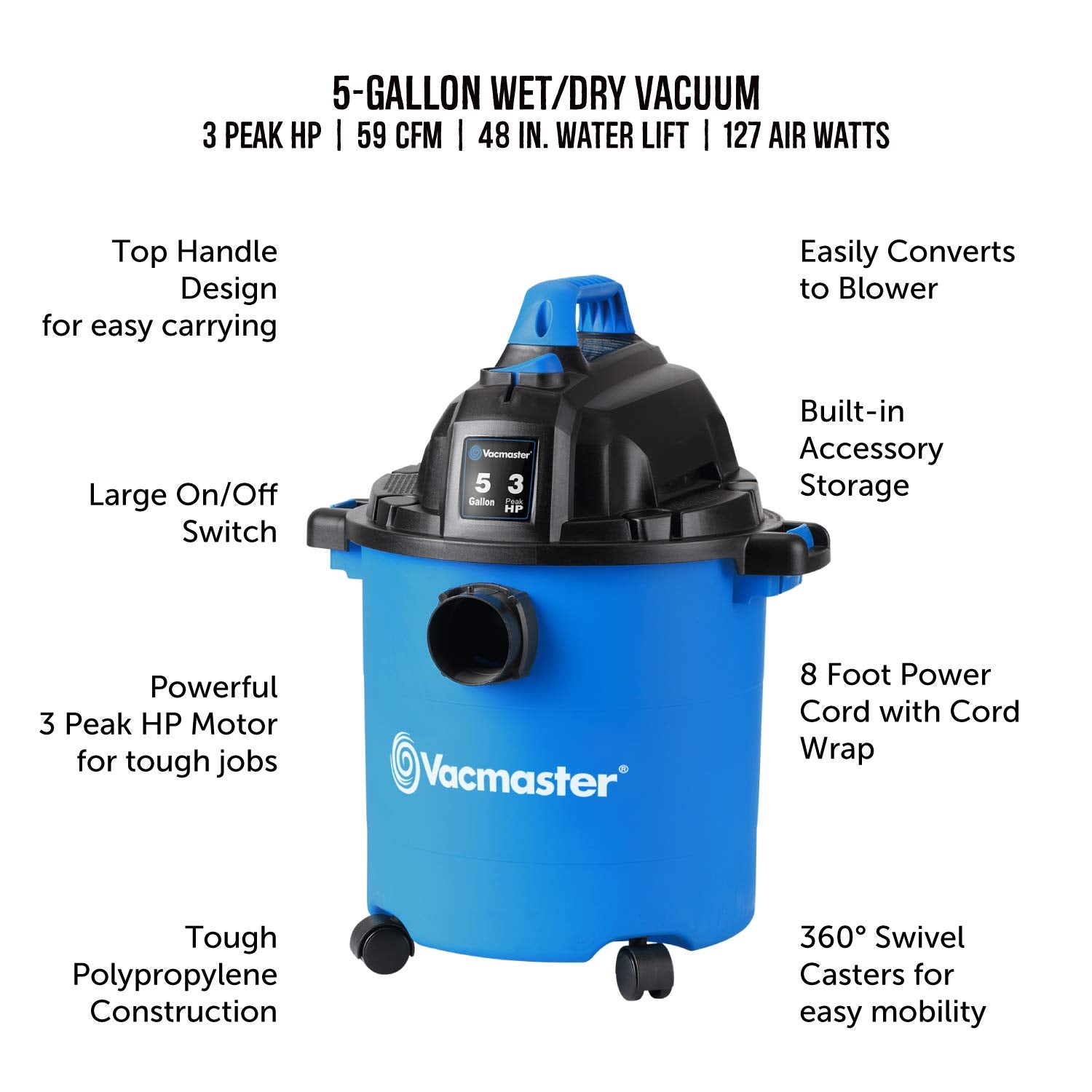 Vacmaster VJC507P 5-Gallon* 3 Peak HP** Wet/Dry Shop Vacuum, Blue, 5 gal - WoodArtSupply