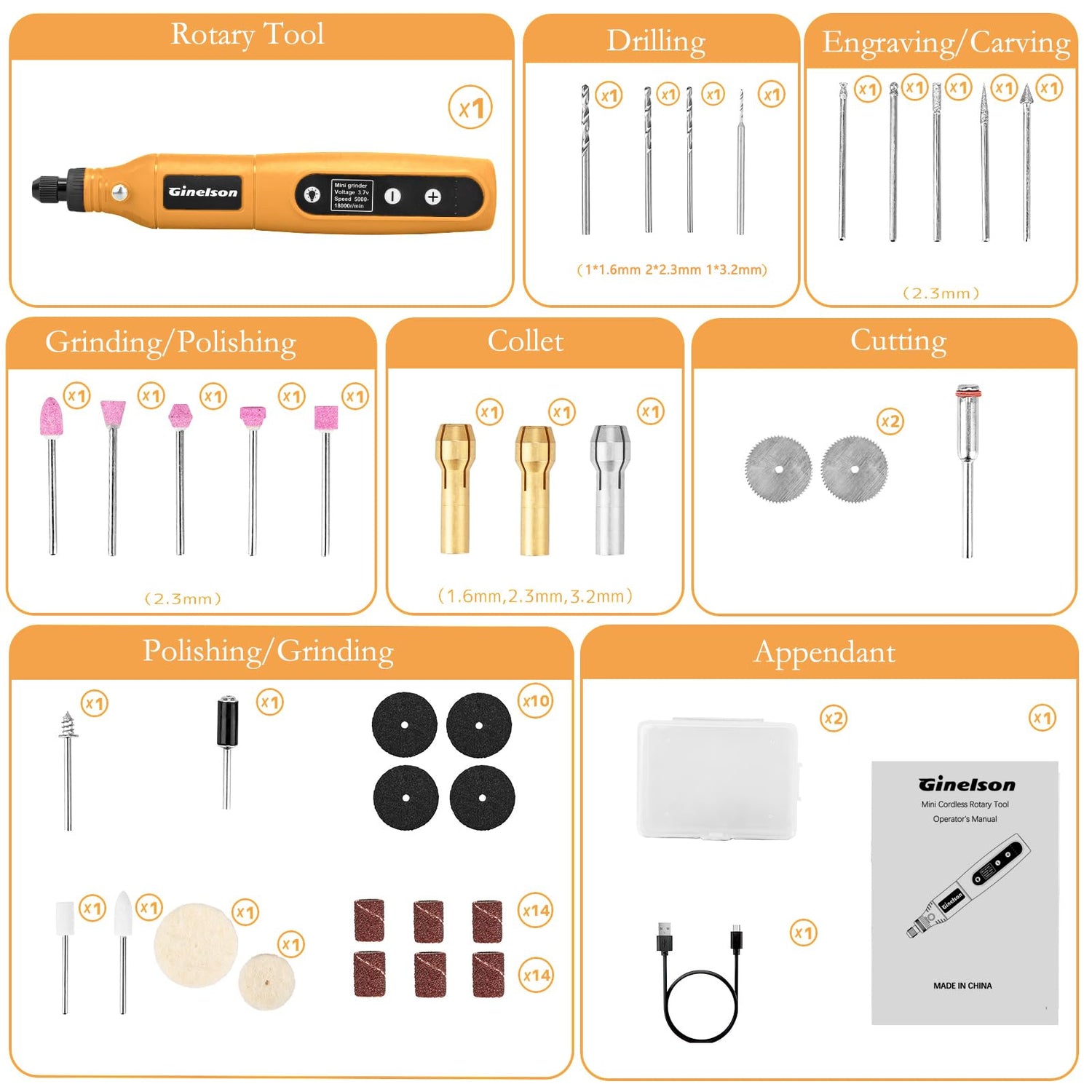 GINELSON Cordless Rotary Tool, 2000 mAh Battery Pack, 5-Speed and USB-C Charging Rotary Tool Kit with 64 Accessories, Multi-Purpose 3.7V Power Rotary GINELSON
