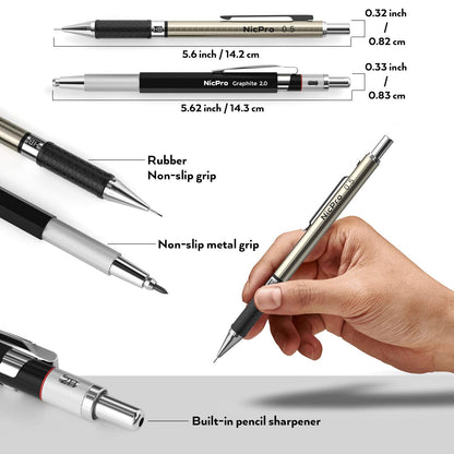 Nicpro 6PCS Art Mechanical Pencils Set, 3 PCS Metal Drafting Pencil 0.5 mm & 0.7 mm & 0.9 mm & 3 PCS 2mm Graphite Lead Holder (2B HB 2H) For Writing, - WoodArtSupply