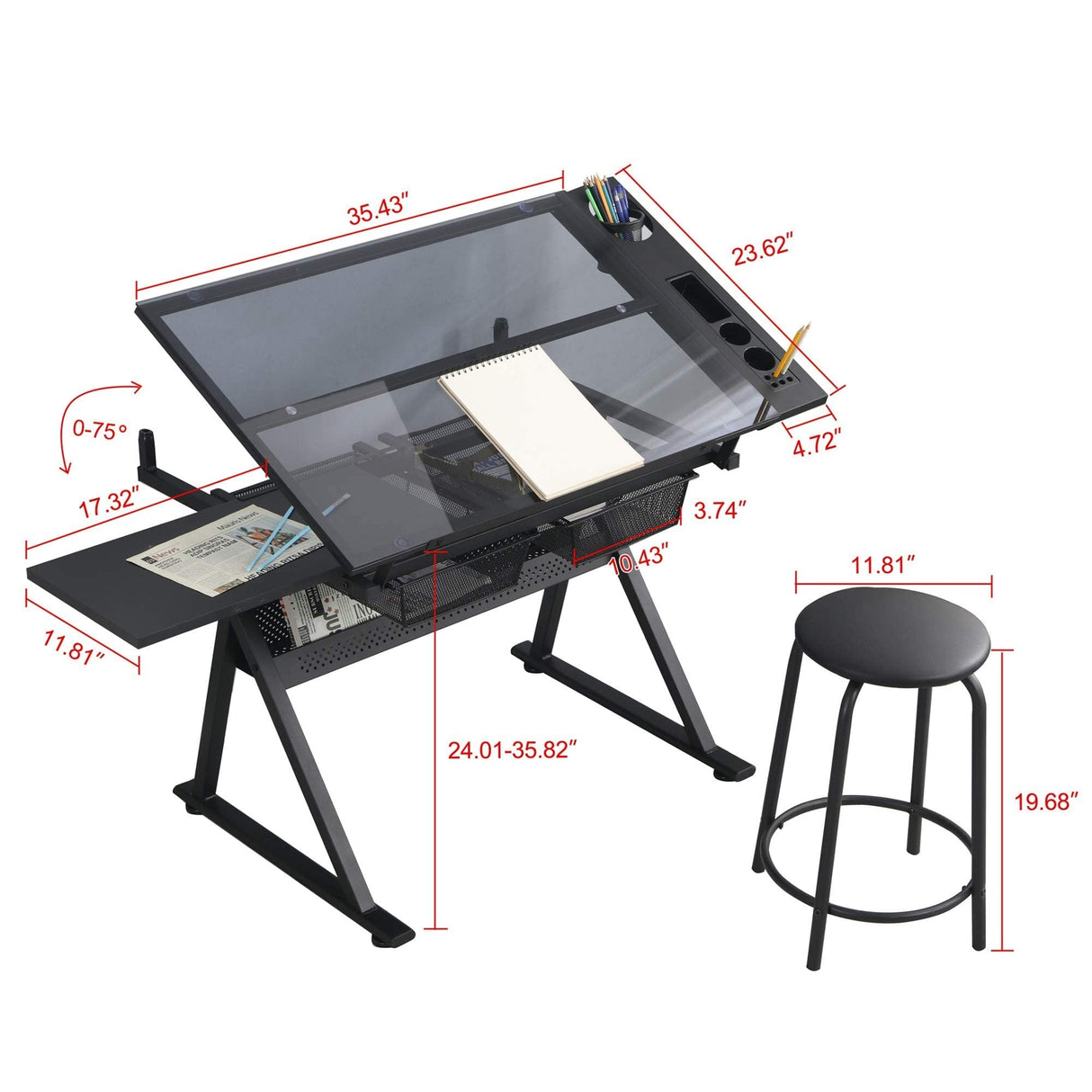 Waful Height Adjustable Drafting Tables, Glass Drawing Art Table, Tilting Tabletop Paintings Work Station Artist Table Chair Chair-2 Storage Drawer Waful