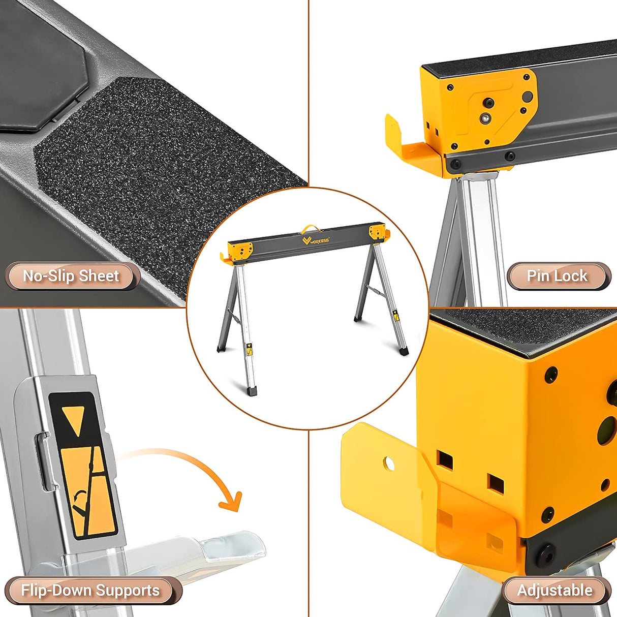 WORKESS Saw Horses 2 Pack Folding, Heavy Duty Sawhorse Table 2600 Lbs Load Capacity with 2x4 Support Legs, Portable Folding and Fast Open Legs and WORKESS