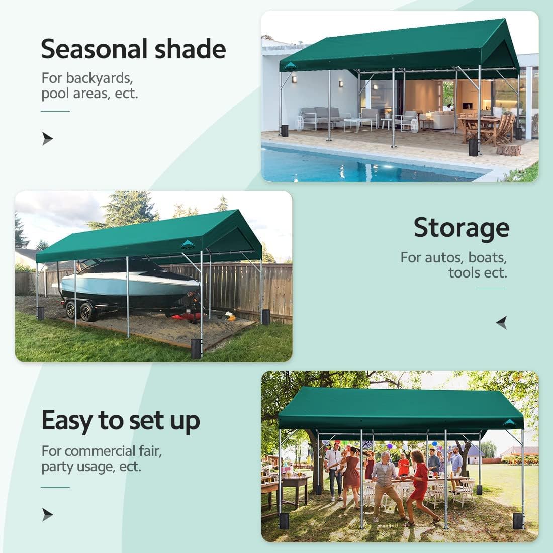 ADVANCE OUTDOOR 12x20 ft Heavy Duty Carport Car Canopy Garage Boat Shelter Party Tent, Adjustable Peak Height from 9.5ft to 11ft, Green ADVANCE OUTDOOR