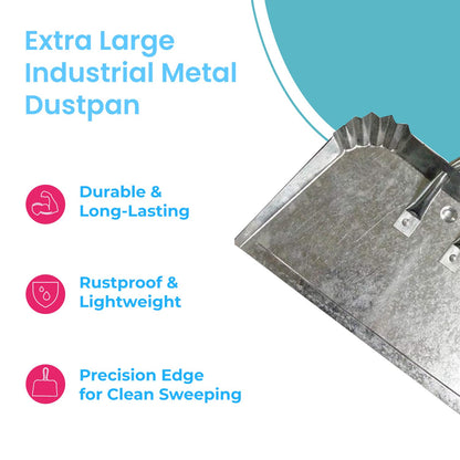 Set of 2 Extra Large Industrial Metal Dustpan | Doesn't Bend & Extra Wide for Large Easy Clean Ups | Lightweight & Rustproof | Precision Edge for