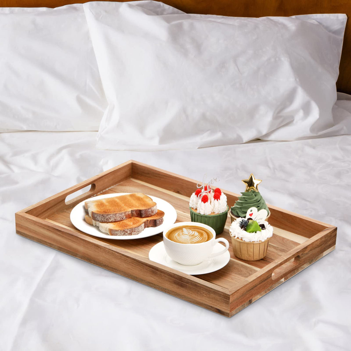 YOUEON Set of 2 Acacia Wood Serving Tray with Handles, 17x11.8x1.5 Inch Decorative Serving Trays, Ottoman Tray, Coffee Table Tray, Rectangle Wood Youeon