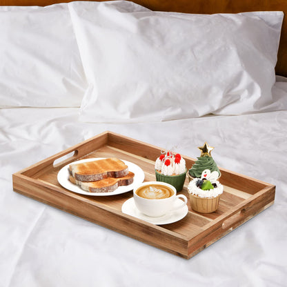 YOUEON Set of 2 Acacia Wood Serving Tray with Handles, 17x11.8x1.5 Inch Decorative Serving Trays, Ottoman Tray, Coffee Table Tray, Rectangle Wood