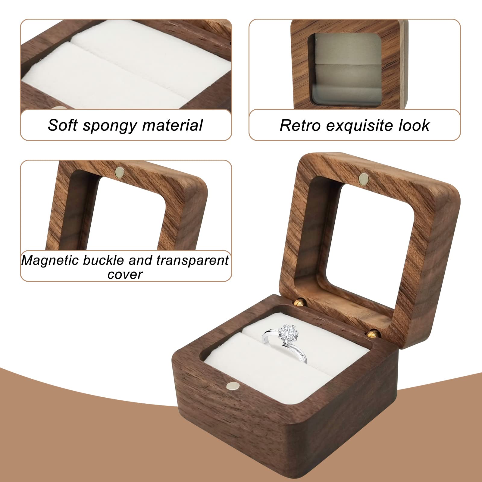 WisePoint Wooden Ring Box, Mini Engagement Ring Holder Box with Transparent Cover, Square Wedding Ring Box with Sponge Slot, Elegant and Retro Ring - WoodArtSupply