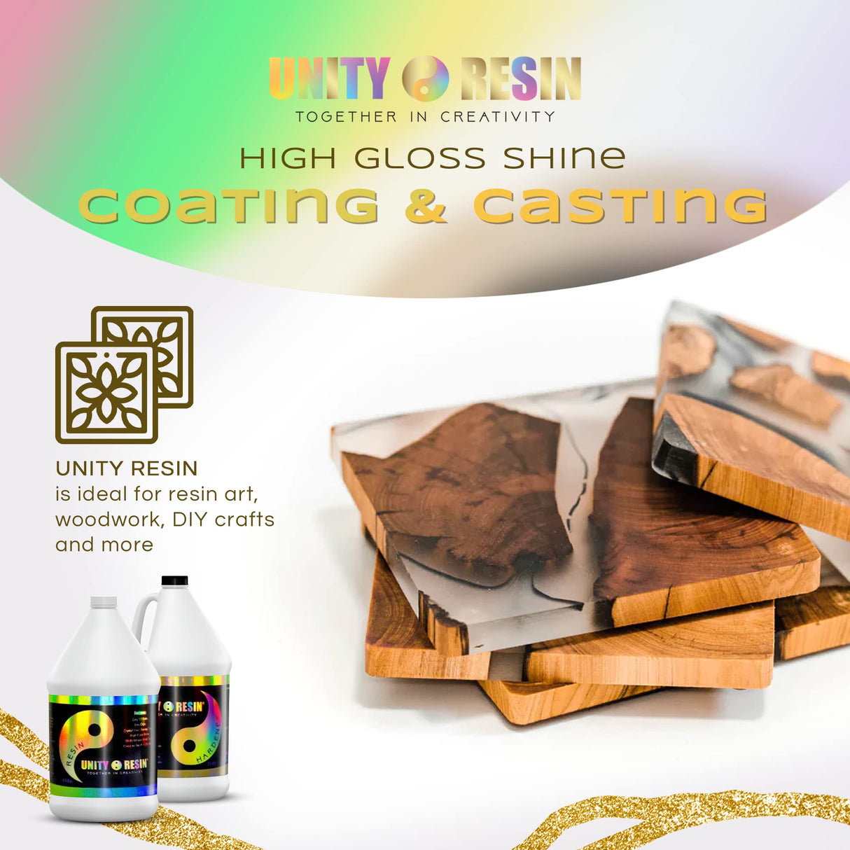 UNITY RESIN- Premium 1 Gallon Epoxy Resin, Crystal Clear & Low Bubbles, Non-Yellow UV Protection with HALS, Versatile & Easy-to-Use 1:1, Coating & Unity Resin