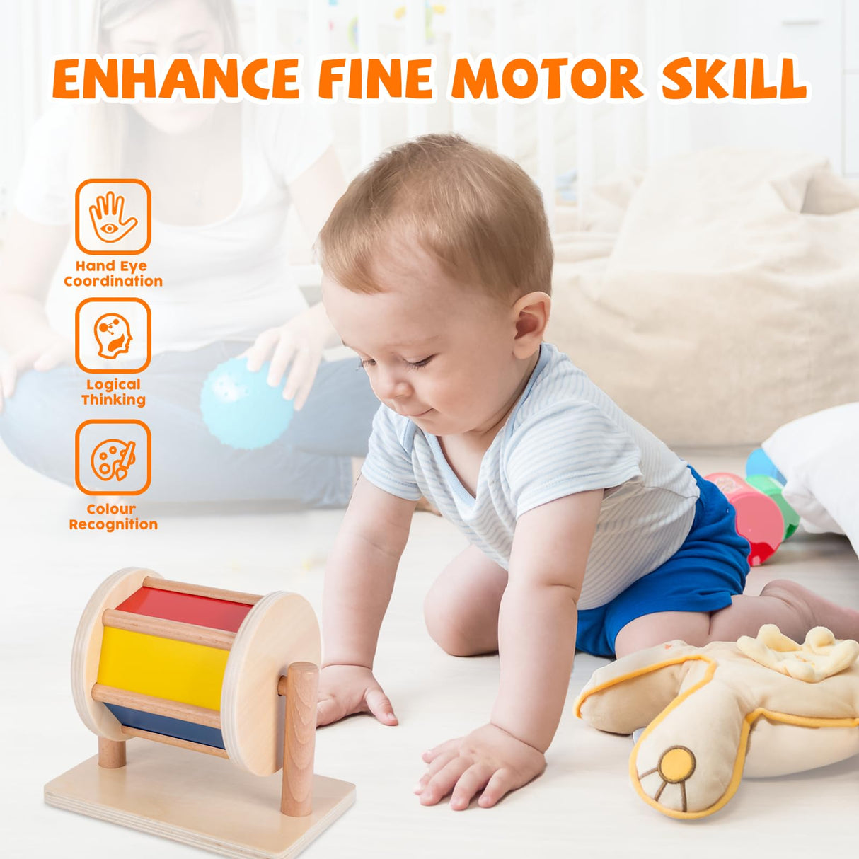 Montessori Baby Toys Play Kit Montessori Mirror Peekaboo Knob Puzzle, Medium Spinning Drum and Rainbow Fabric Ball Kit Toys for 6-12Months Toddlers Adena Montessori