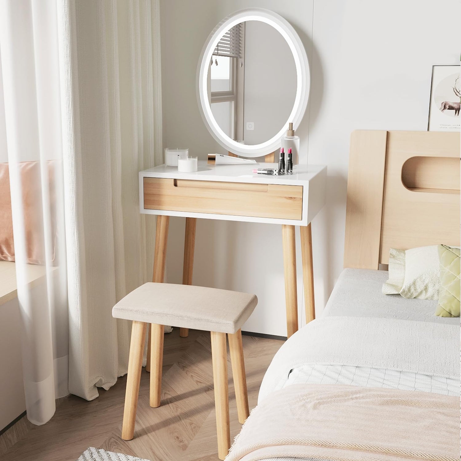 ARTETHYS Small Makeup Vanity Desk with 3 Adjustable Lighted Mirror and Chair, 24 Inch Makeup Vanity Table with Big Drawer Wooden Frame for Small ARTETHYS