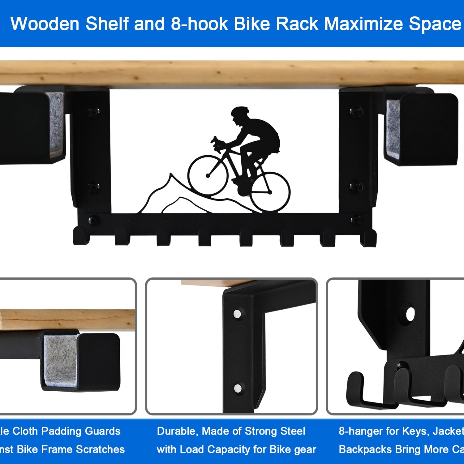 Bike Rack Wall Mount with Shelf and 8 Hooks Offer Horizontal Indoor Bike Storage for Sheds Garages. Wooden Bike Rack Bracket for Road, Mountain, wisnew