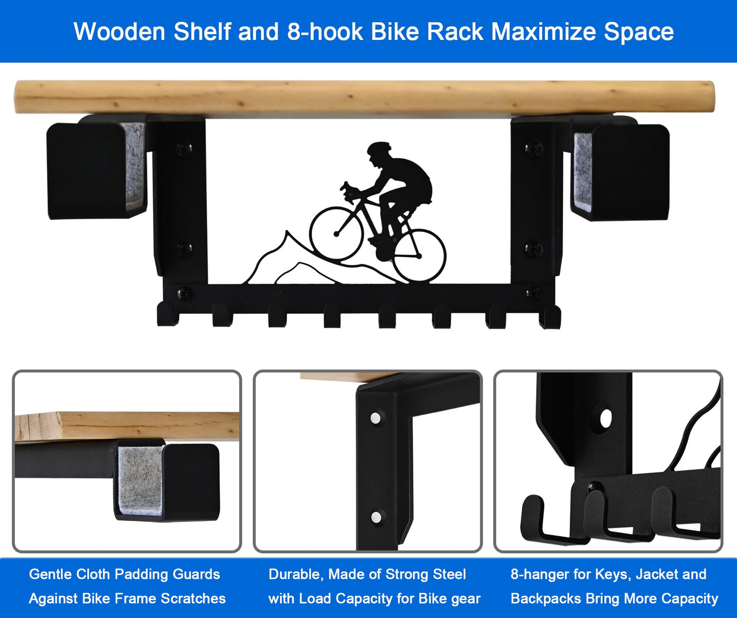 Bike Rack Wall Mount with Shelf and 8 Hooks Offer Horizontal Indoor Bike Storage for Sheds Garages. Wooden Bike Rack Bracket for Road, Mountain,