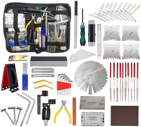 TUOREN 61Pieces Complete Guitar Repairing Tool Kit with Ruler Gauge Measuring Tool Hex Wrench Files Fingerboard Guard Grinding Stone Guitar Gift for TUOREN