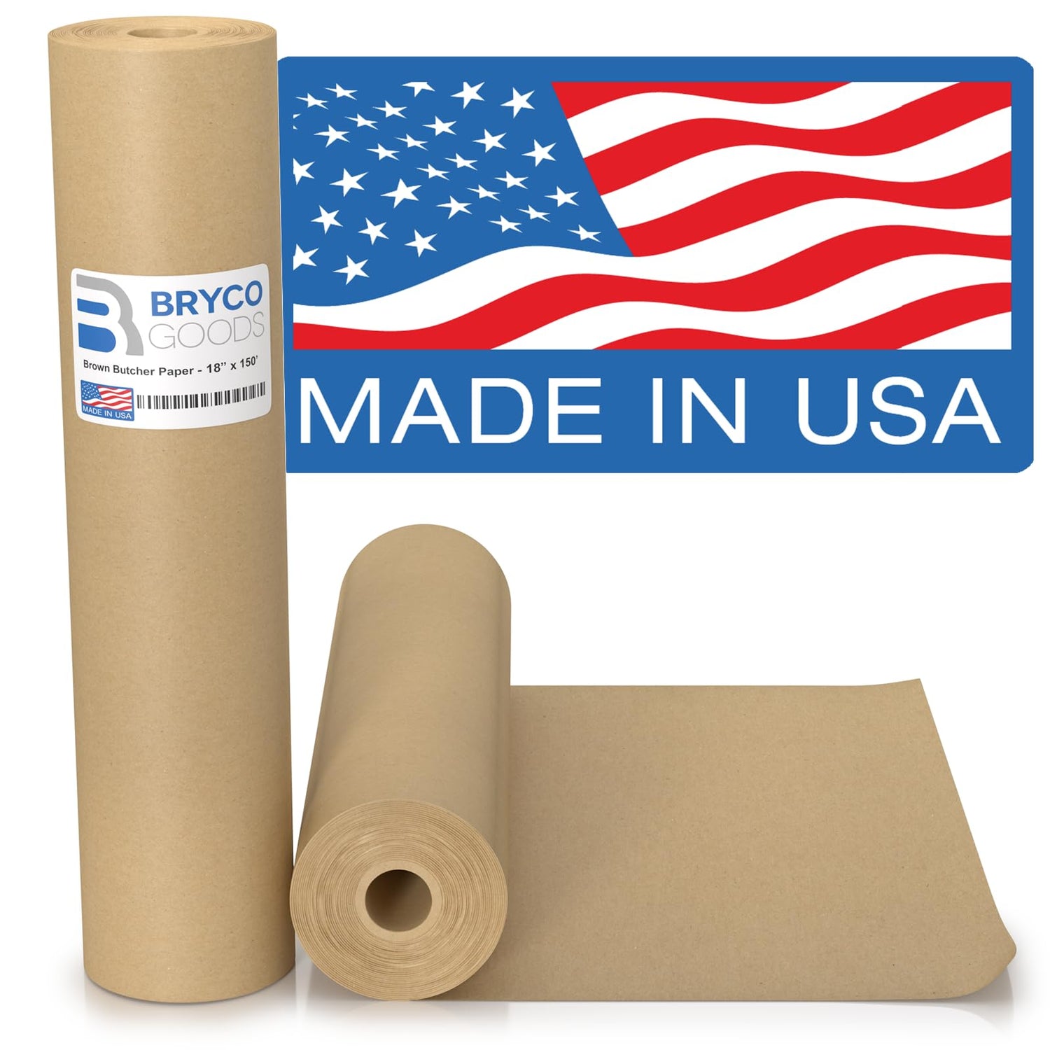 Brown Butcher Paper - 18" x 150' - Butcher Paper Roll for Wrapping & Smoking Meat - Unwaxed, Unbleached, Durable Food Grade Brown Paper Roll - Brown Bryco Goods
