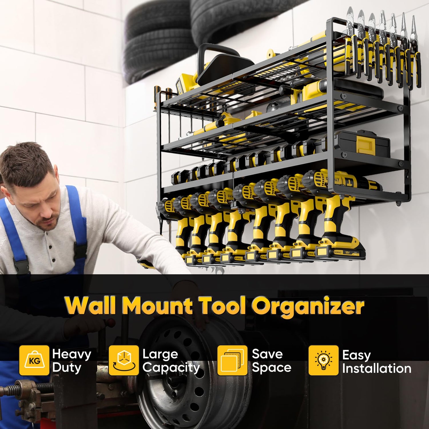 POKIPO Large Power Tool Organizer Wall Mount, Heavy Duty Widen Drill Holder, 4 Layers Cordless Tool Storage Rack, Utility Racks Shelf for Garage POKIPO